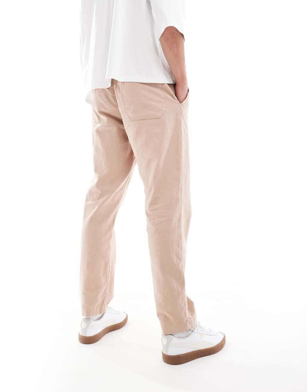 ASOS DESIGN tapered linen pants in brown with elastic waist Product Image