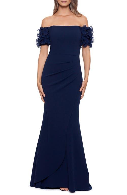 Xscape Rosette Off-the-Shoulder Short Sleeve Ruffle Ruched Waist Gown Product Image