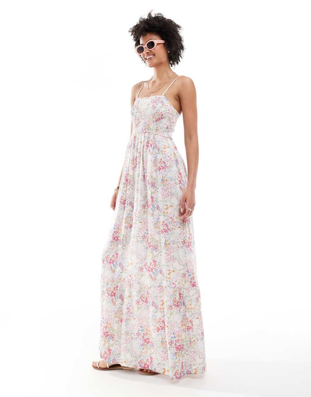 JDY Tall shirred top maxi dress in ditsy pink floral Product Image