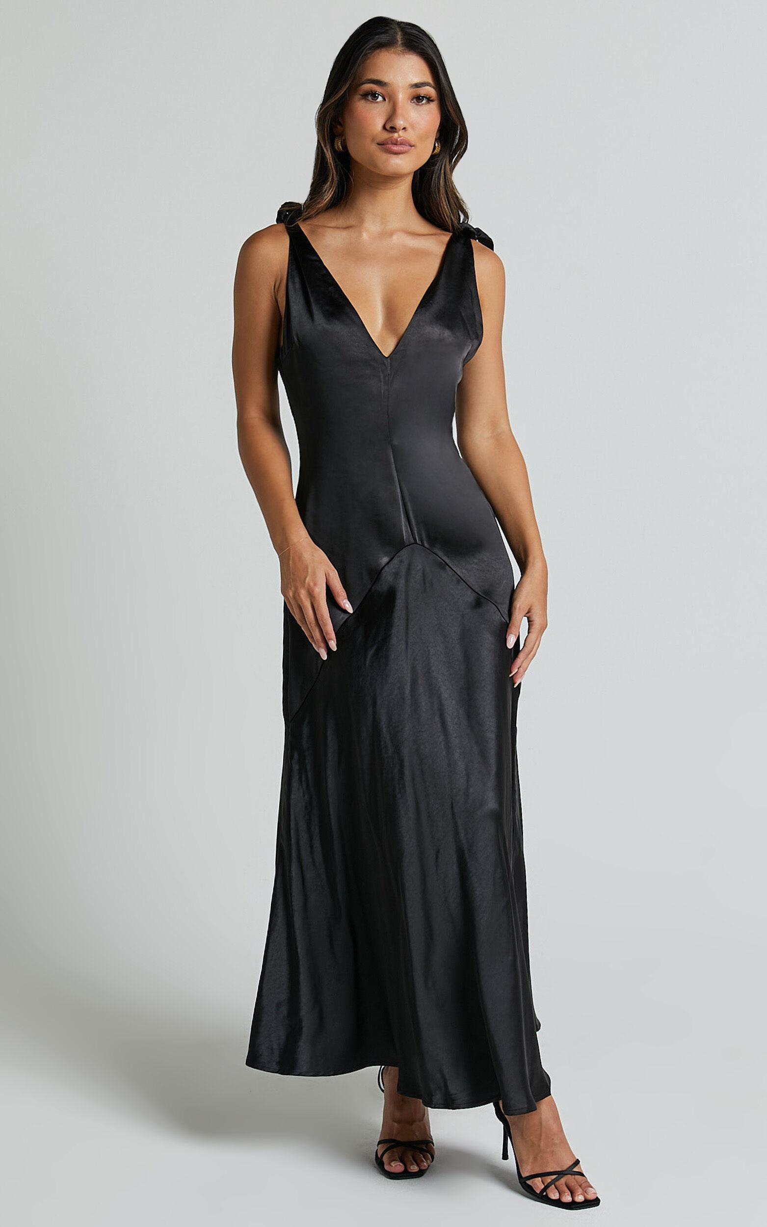 Hart Midi Dress - Tie Shoulder Plunge Satin Dress in Black Product Image