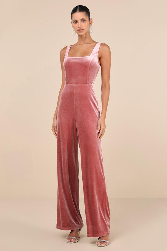 Splendidly Stunning Dusty Rose Velvet Lace-Up Wide-Leg Jumpsuit Product Image