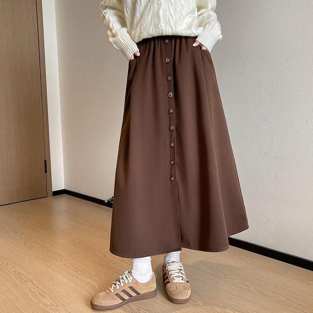 Elastic Waist Plain Button Maxi A-Line Skirt Product Image