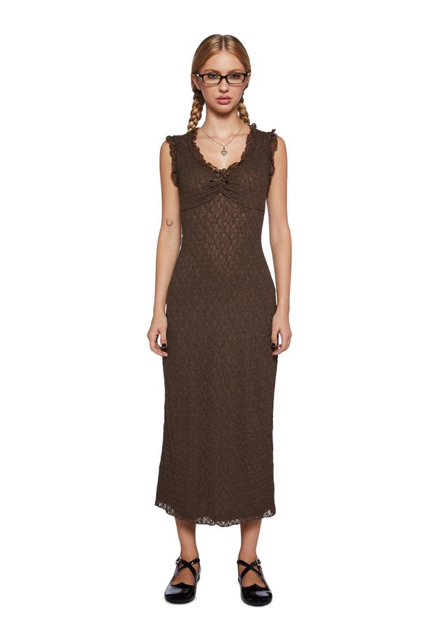 Sheer Lace Midi Dress With Ruffles And Bow - Brown Product Image