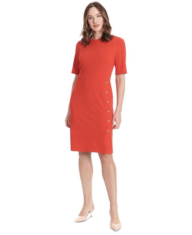 London Times Short Sleeve Crew Neck Side Button Detailing Scuba Crepe Sheath Dress Product Image