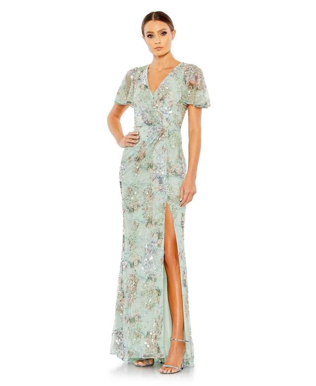 Womens Embellished Butterfly Sleeve Faux Wrap Gown Product Image