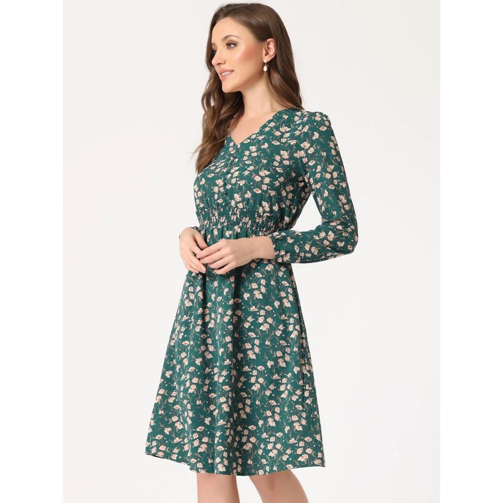 Allegra K Women's Floral Print V-Neck Smocked Waist Midi Dress Teal X-Large Product Image