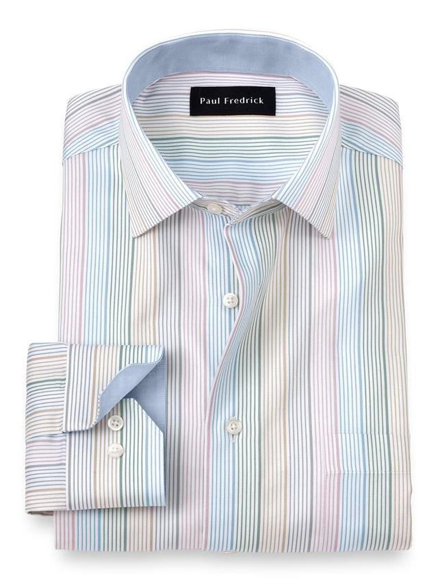 Tailored Fit Non-iron Cotton Stripe Dress Shirt With Contrast Trim Product Image