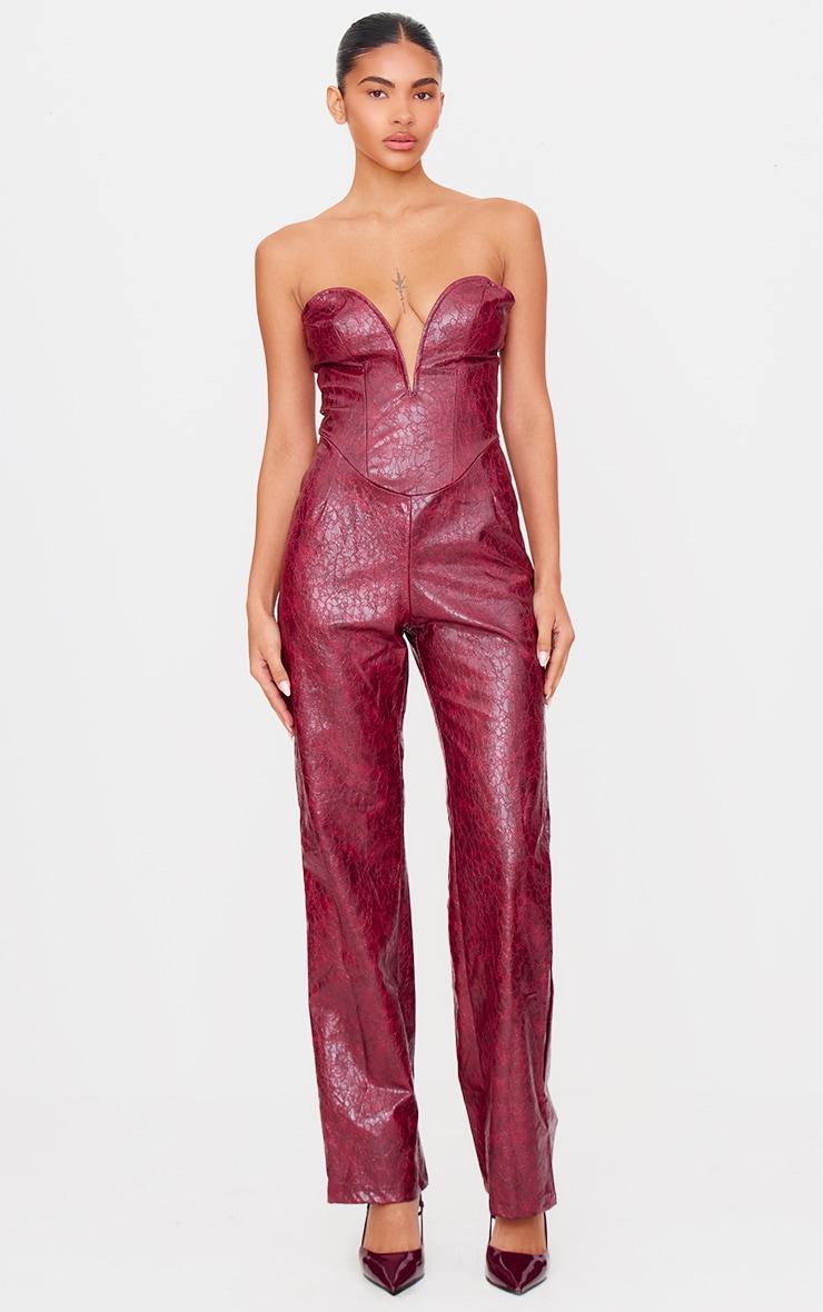 Burgundy Croc Faux Leather Bandeau Plunge Straight Leg Jumpsuit Product Image