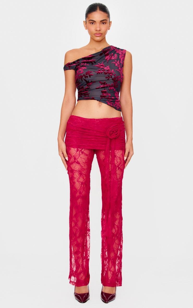 Burgundy Corsage Detail Straight Leg Lace Pants Product Image