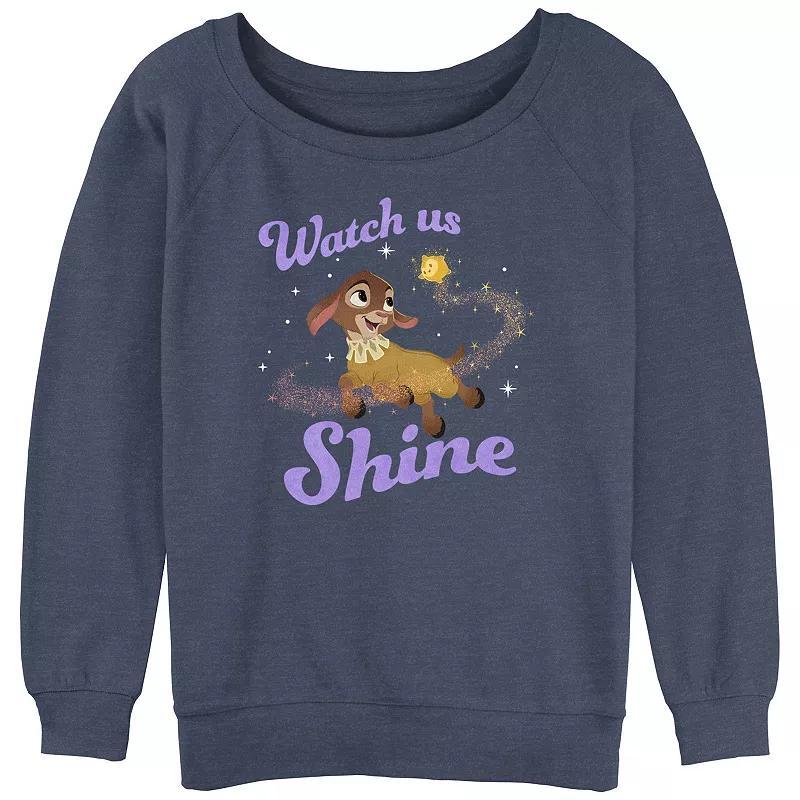 Disneys Wish Juniors Valentino And Star Watch Us Shine Slouchy Terry Graphic Pullover, Womens Blue Grey Product Image