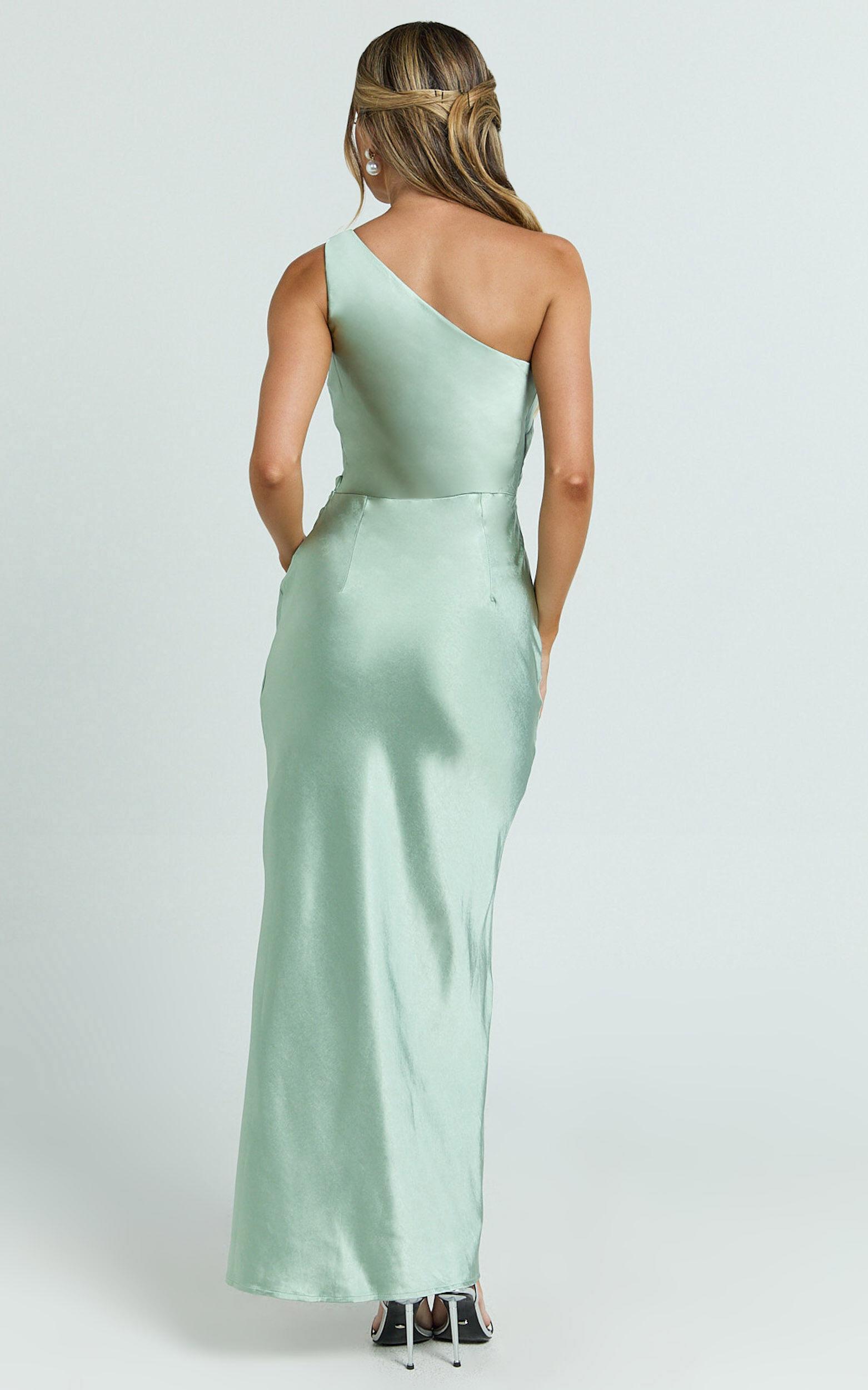 Isla Maxi Dress - Satin One Shoulder Side Split Dress in Sage Product Image