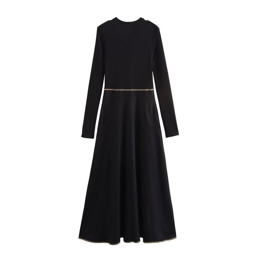 Long Sleeve Round Neck Plain Maxi A-Line Dress Product Image