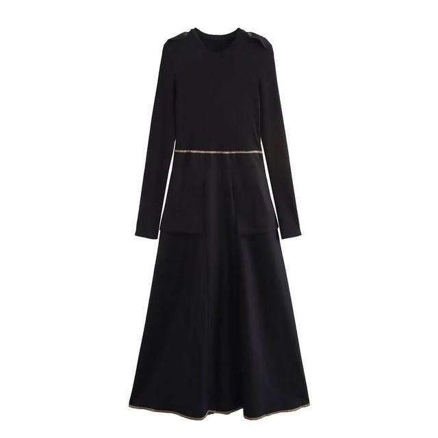 Long Sleeve Round Neck Plain Maxi A-Line Dress Product Image