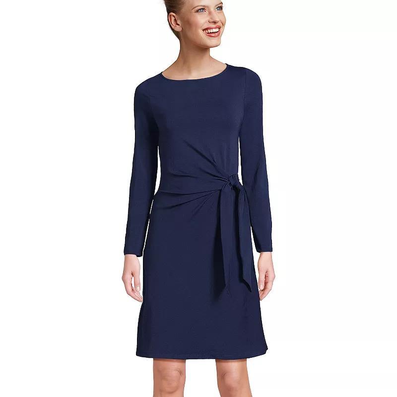 Womens Lands End Long Sleeve Boatneck Tie-Waist Mini Dress Deep Blue Wildflower Product Image