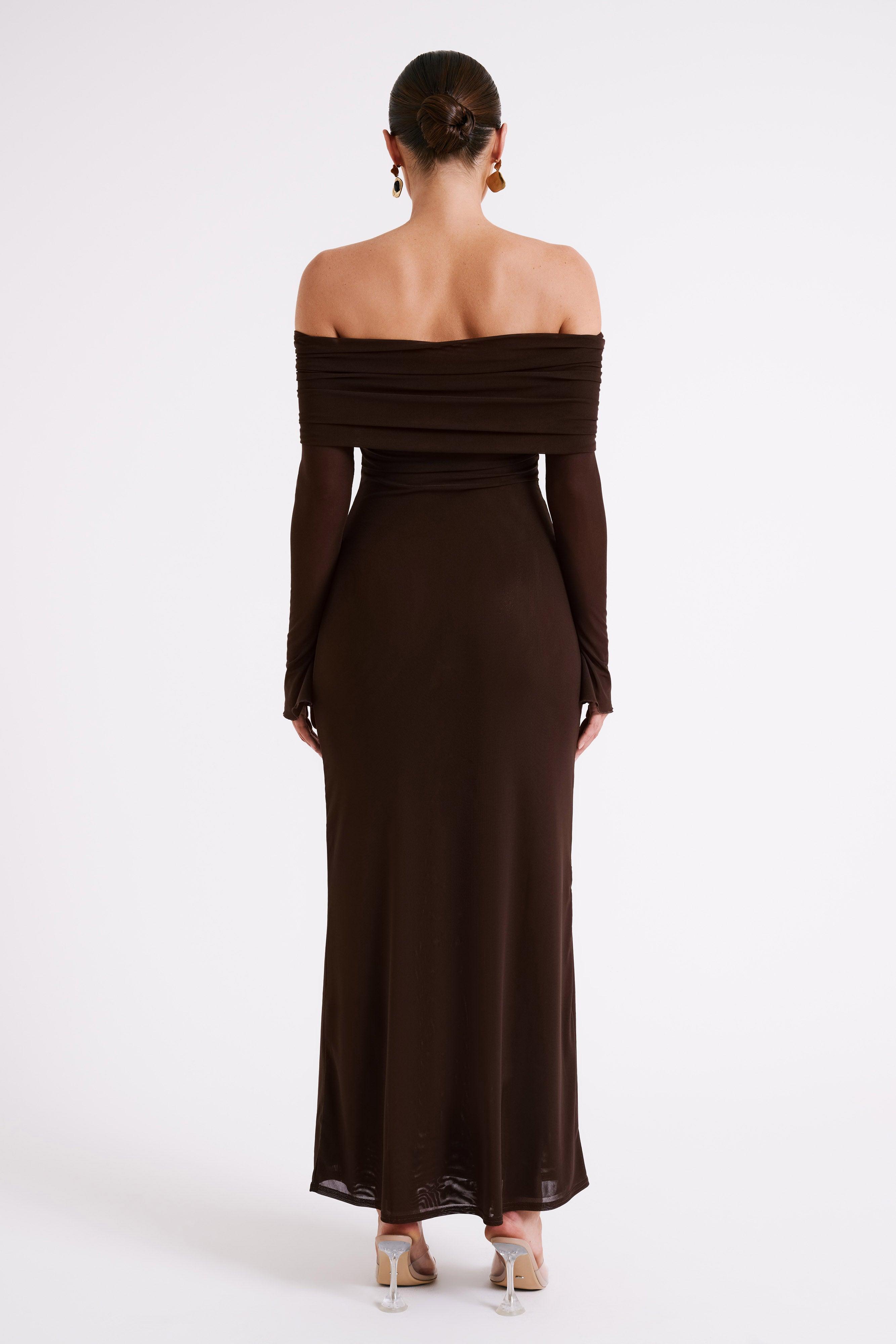 Josie Off Shoulder Mesh Maxi Dress - Dark Brown Product Image