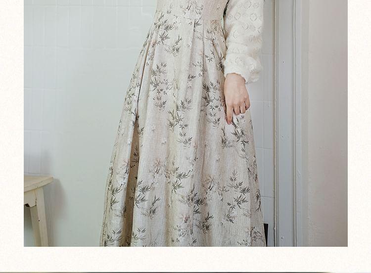 Mock Two-Piece Long-Sleeve Floral Print Midi A-Line Dress Product Image