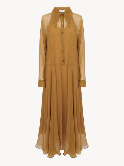 Fluid long shirt dress in silk mousseline Product Image