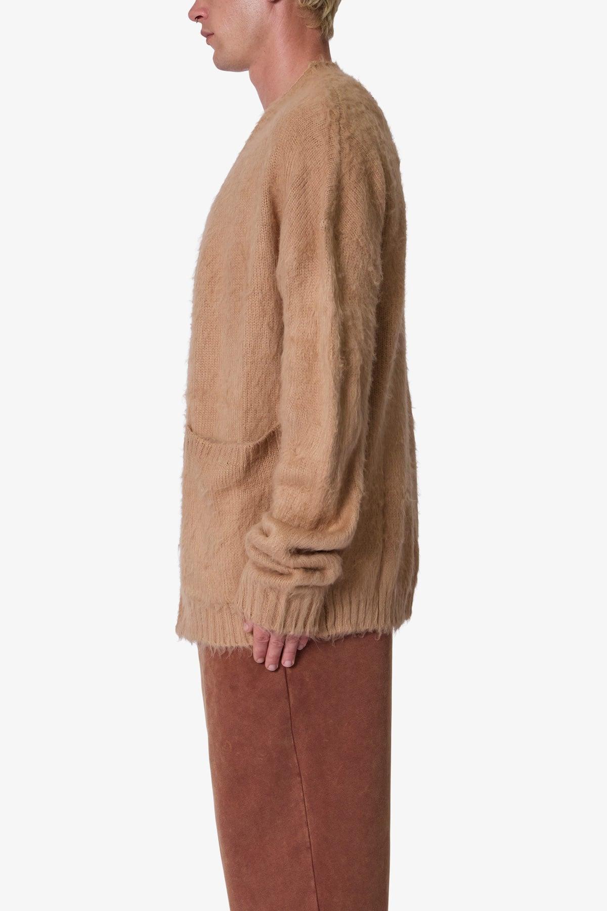 Elongated Fuzzy Cardigan Sweater - Brown Product Image