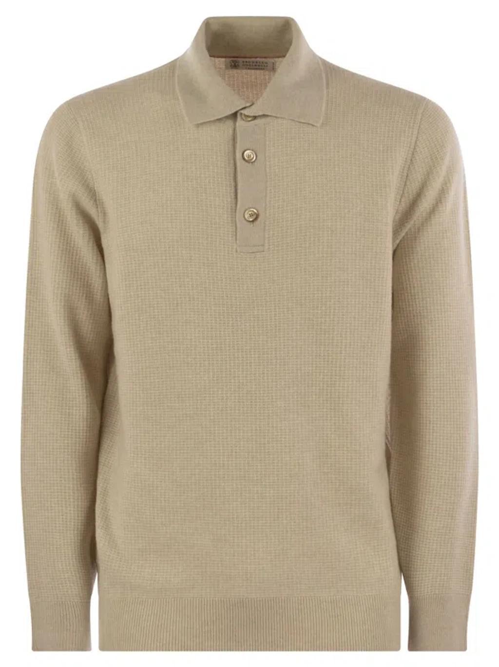 BRUNELLO CUCINELLI Waffle Stitch Cashmere Knit Polo Shirt With Long Sleeve In Sand Product Image