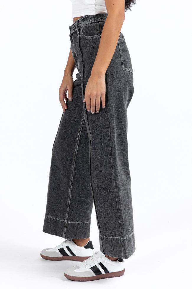 Estelle Black Acid Wash Wide Leg Front Seam Denim Pants Product Image