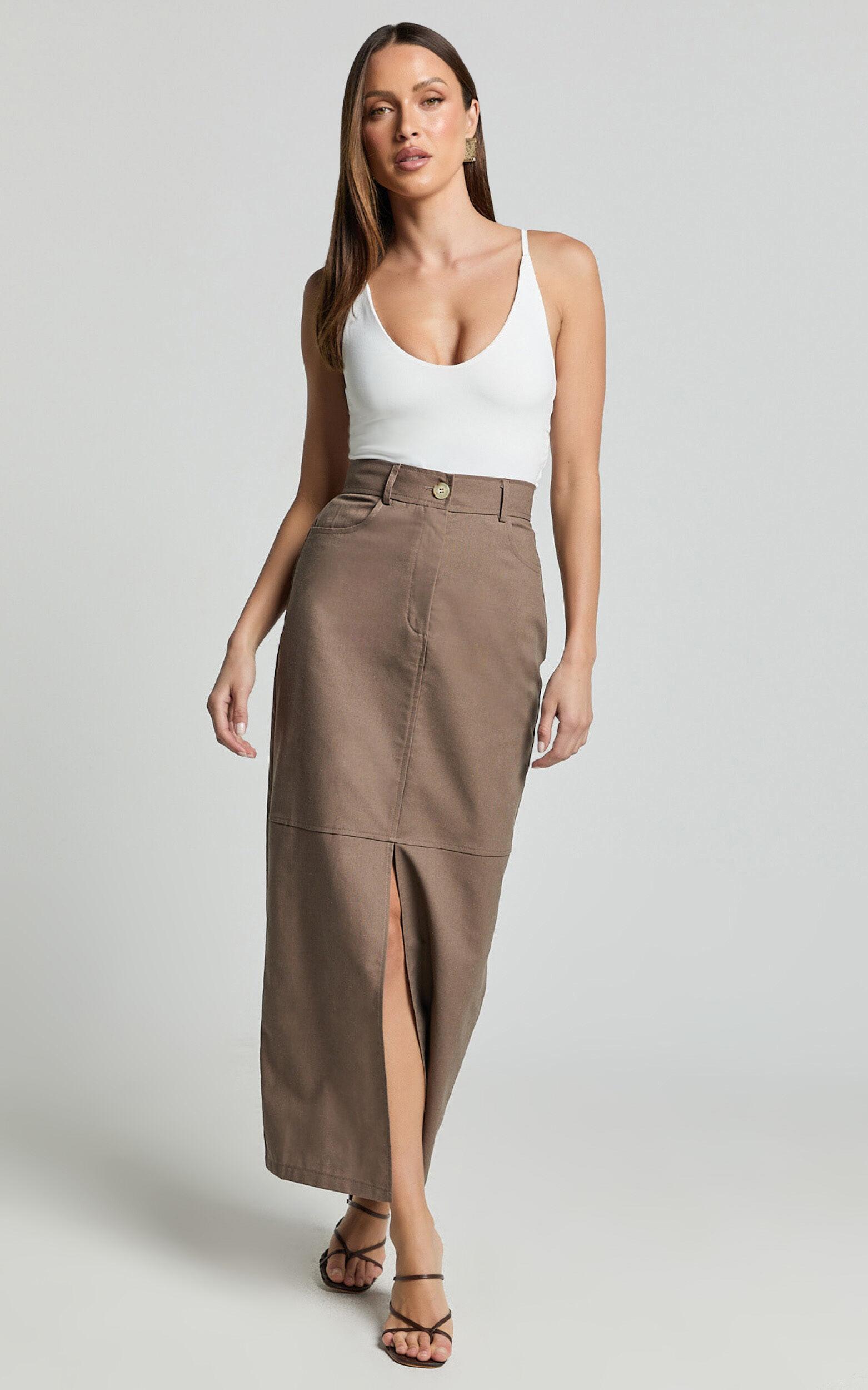 Vanna Midi Skirt - High Waisted Front Slit Skirt in Mocha Product Image