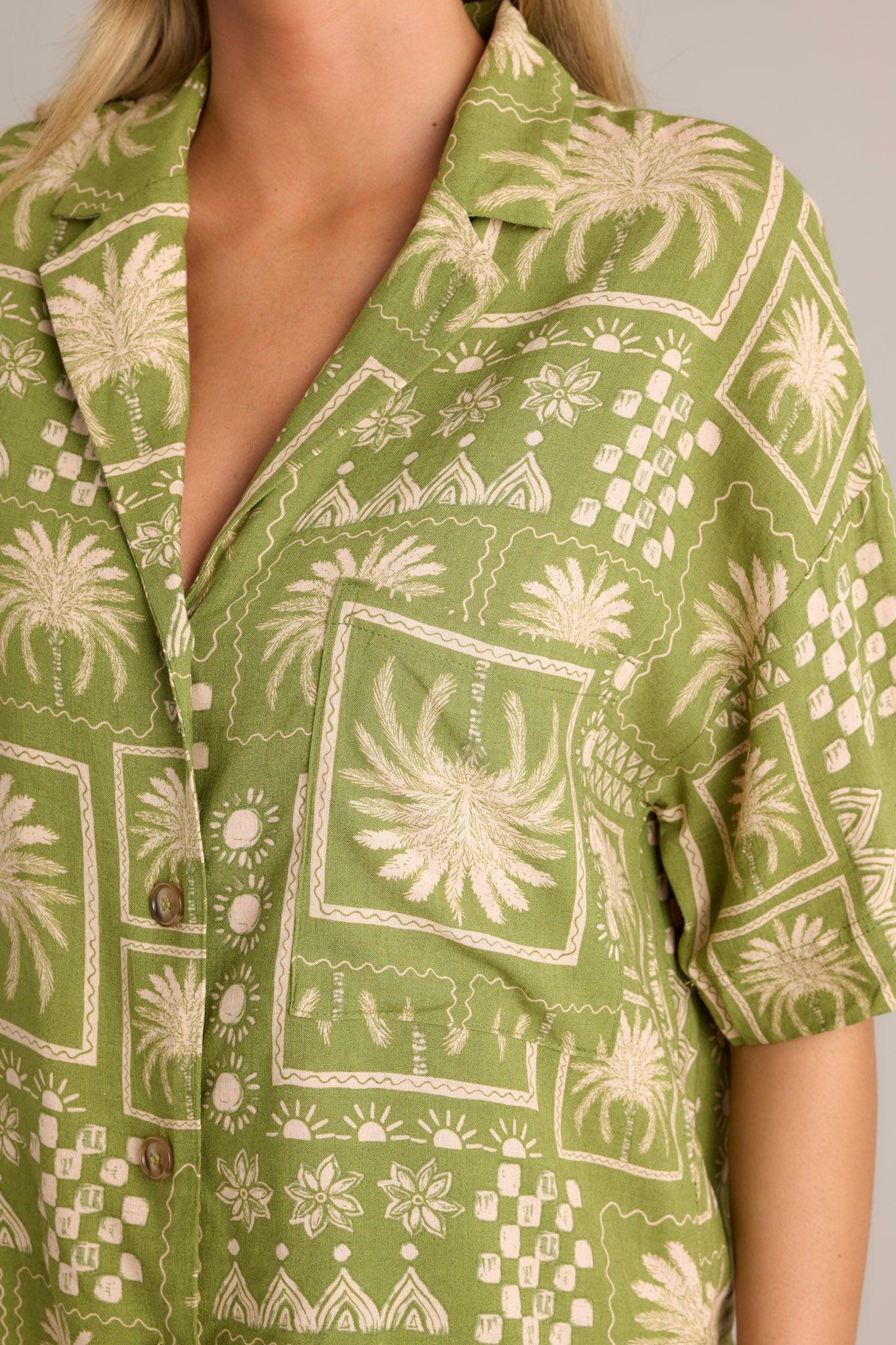 Tropical Treasures Olive Green Tropical Print Top Product Image