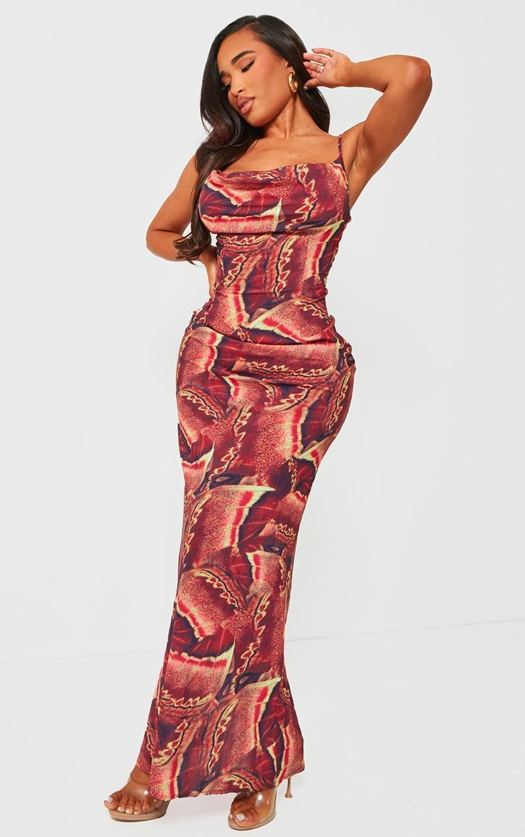 Shape Brown Printed Woven Cowl Neck Maxi Dress Product Image