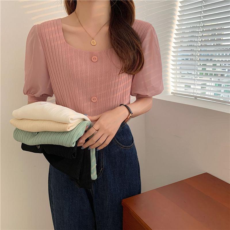 Puff-Sleeve Square-Neck Paneled Ribbed Button-Up Blouse Product Image