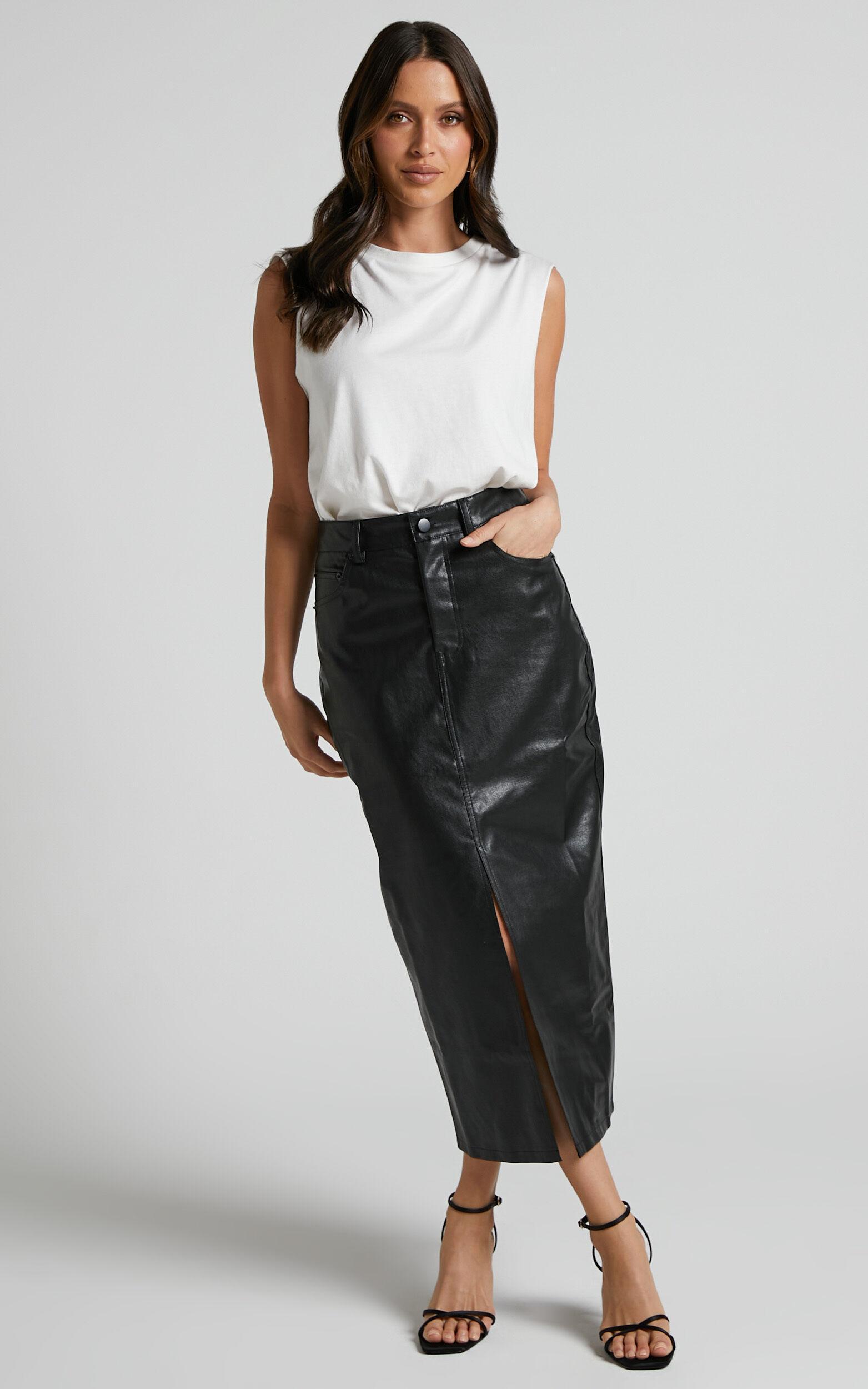 Jules Midi Skirt - Faux Leather High Waisted Front Split Midi Skirt in Black Product Image