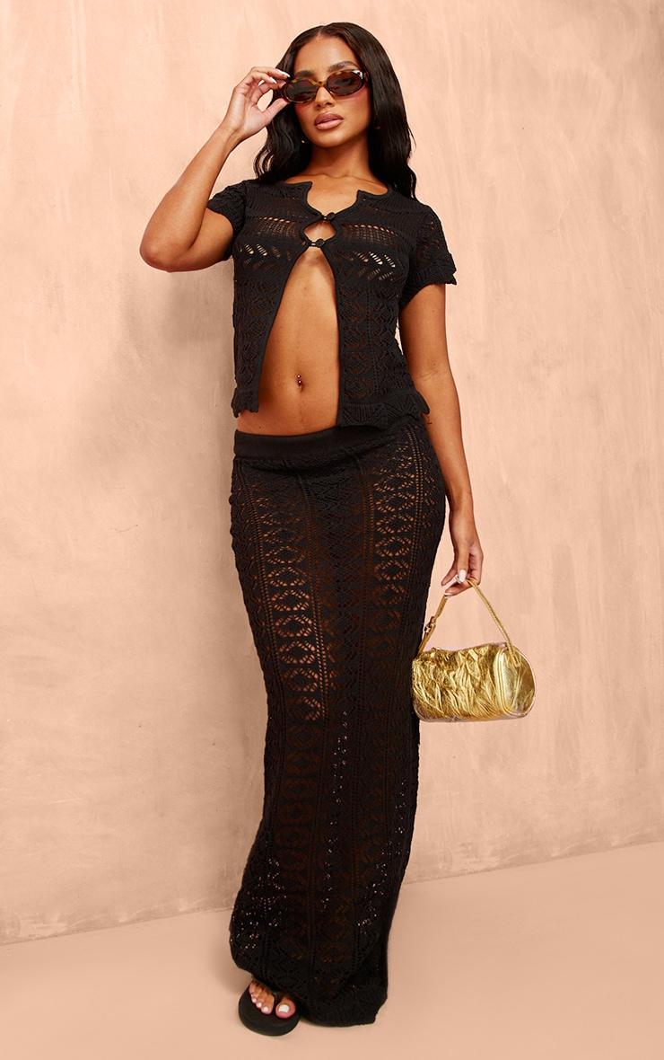 Black Contrast Crochet Knit Maxi Skirt Product Image