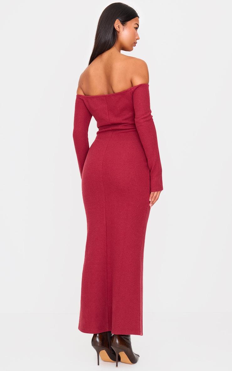  Burgundy Heavy Rib Bardot Long Sleeve Maxi Dress Product Image