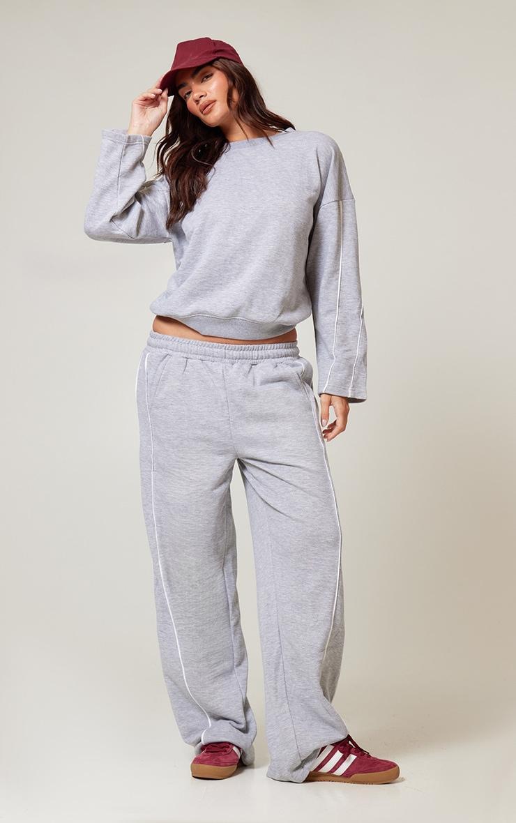 Grey Marl Contrast Piping Detail Wide Leg Sweatpants Product Image