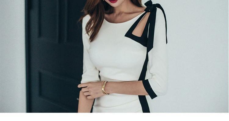 3/4-Sleeve Round Neck Two Tone Cutout Midi Sheath Dress Product Image