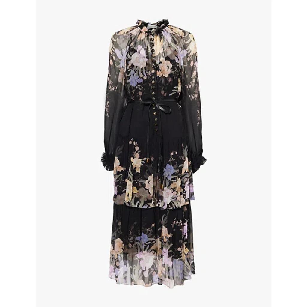 Womens Iris Sherbet Eden Tiered Floral-print Woven Midi Dress In Schwarz Product Image