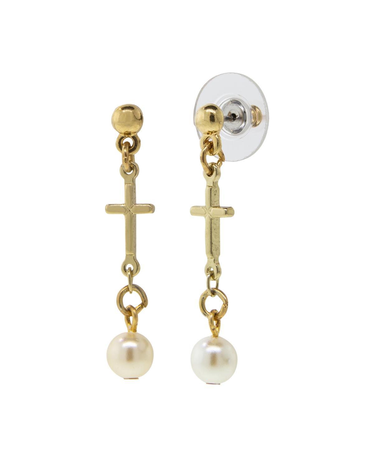 Symbols of Faith 14K Gold Dipped Cross Drop Faux Pearl Earrings, Womens, White Product Image