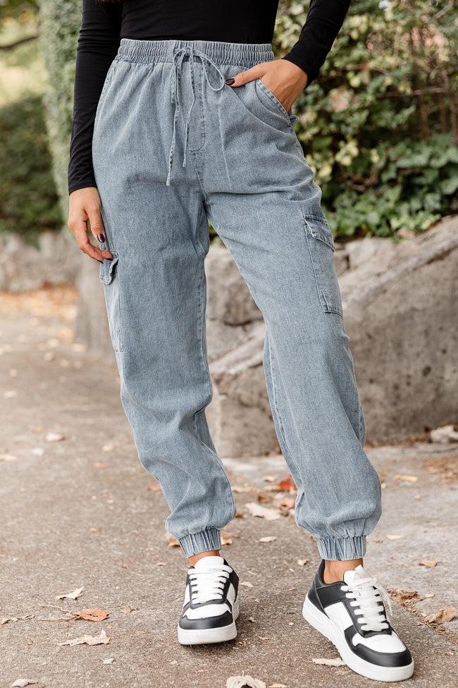 Keep Moving Forward Light Wash Chambray Cargo Joggers Product Image