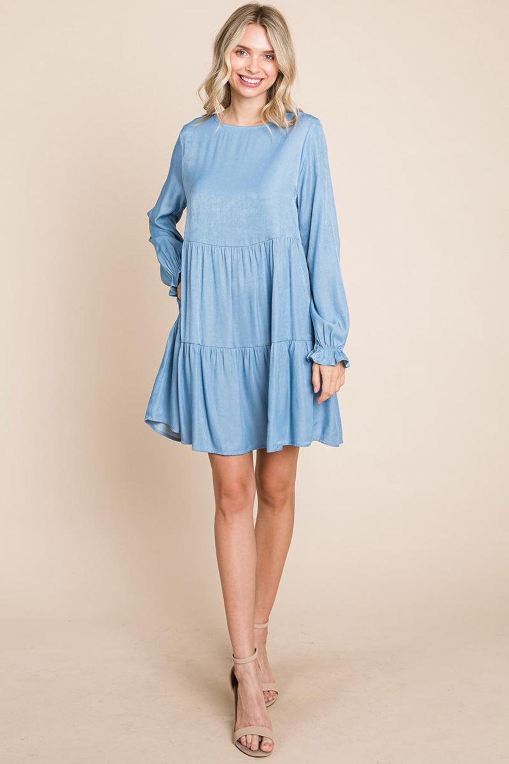 Chambray Pleated Tiered Long Sleeve Dress Product Image