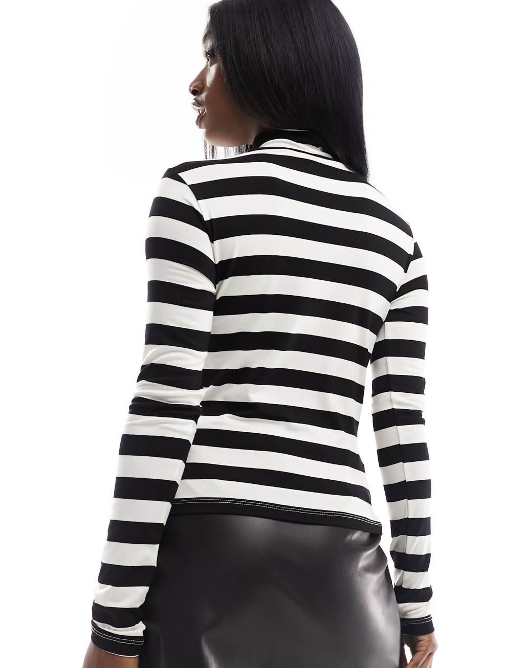 NA-KD long sleeve high neck top in white and black stripe Product Image