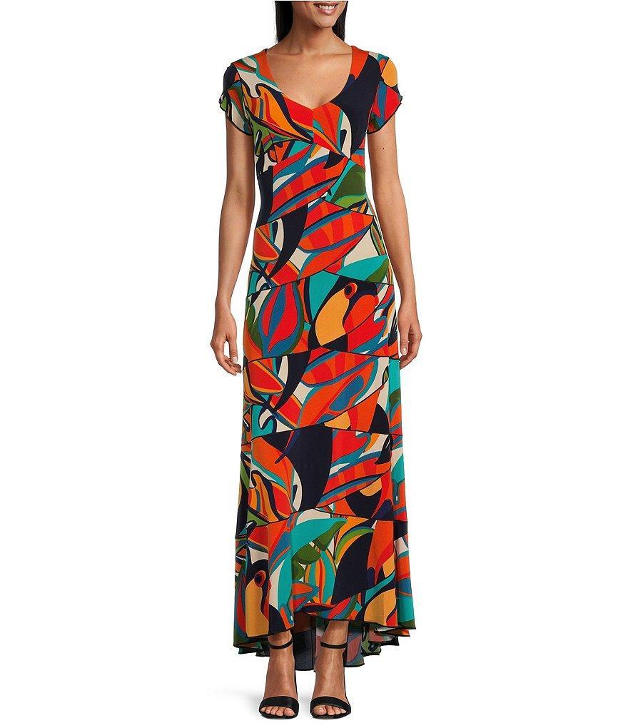 Eva Varro Knit Jersey Toucan Tropical Leaf Print V-Neck Cap Sleeves Tiered A-Line Maxi Dress Product Image