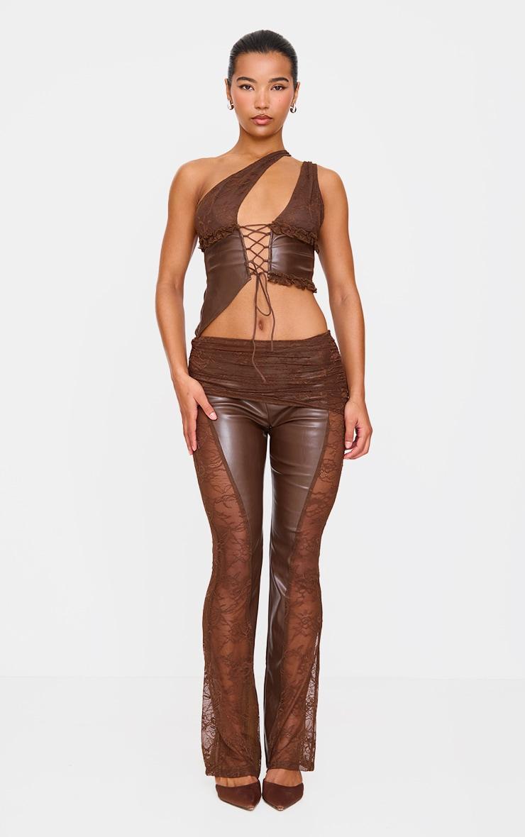 Brown Faux Leather Lace Trim Tie Up V Neck Top Product Image