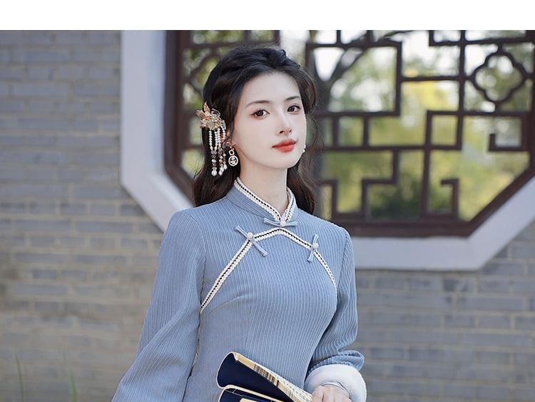 Long-Sleeve Stand Collar Corduroy Midi A-Line Dress Product Image