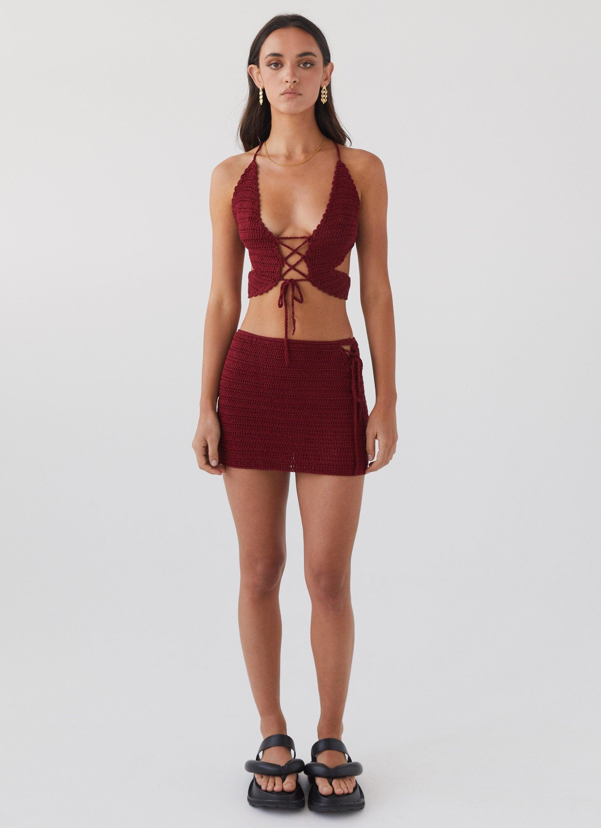 Wild Hearts Crochet Mini Skirt - Cherry Rose Product Image