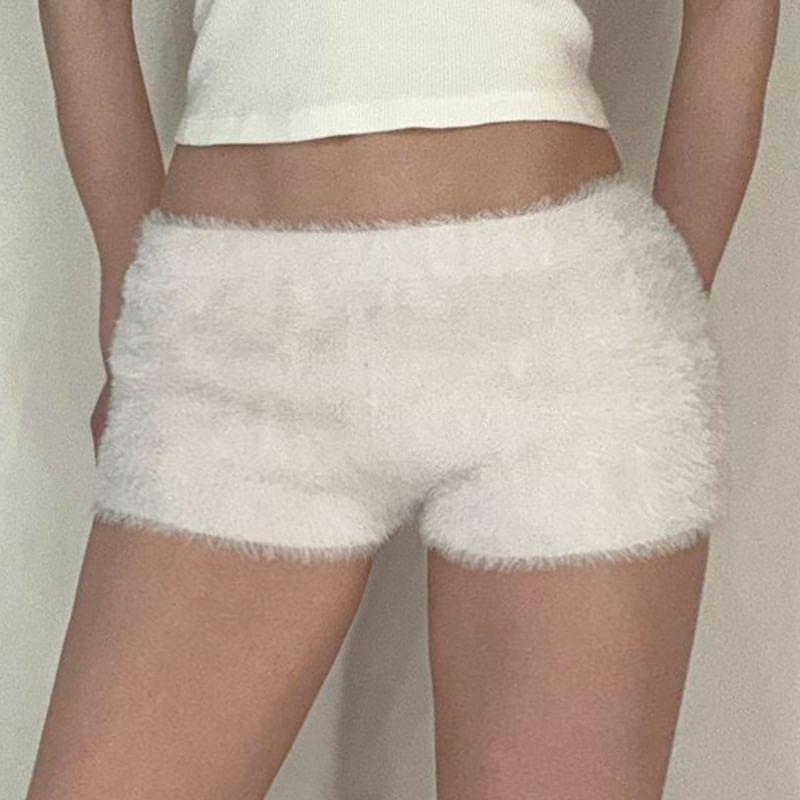 Low Waist Plain Furry Mini Shorts Product Image