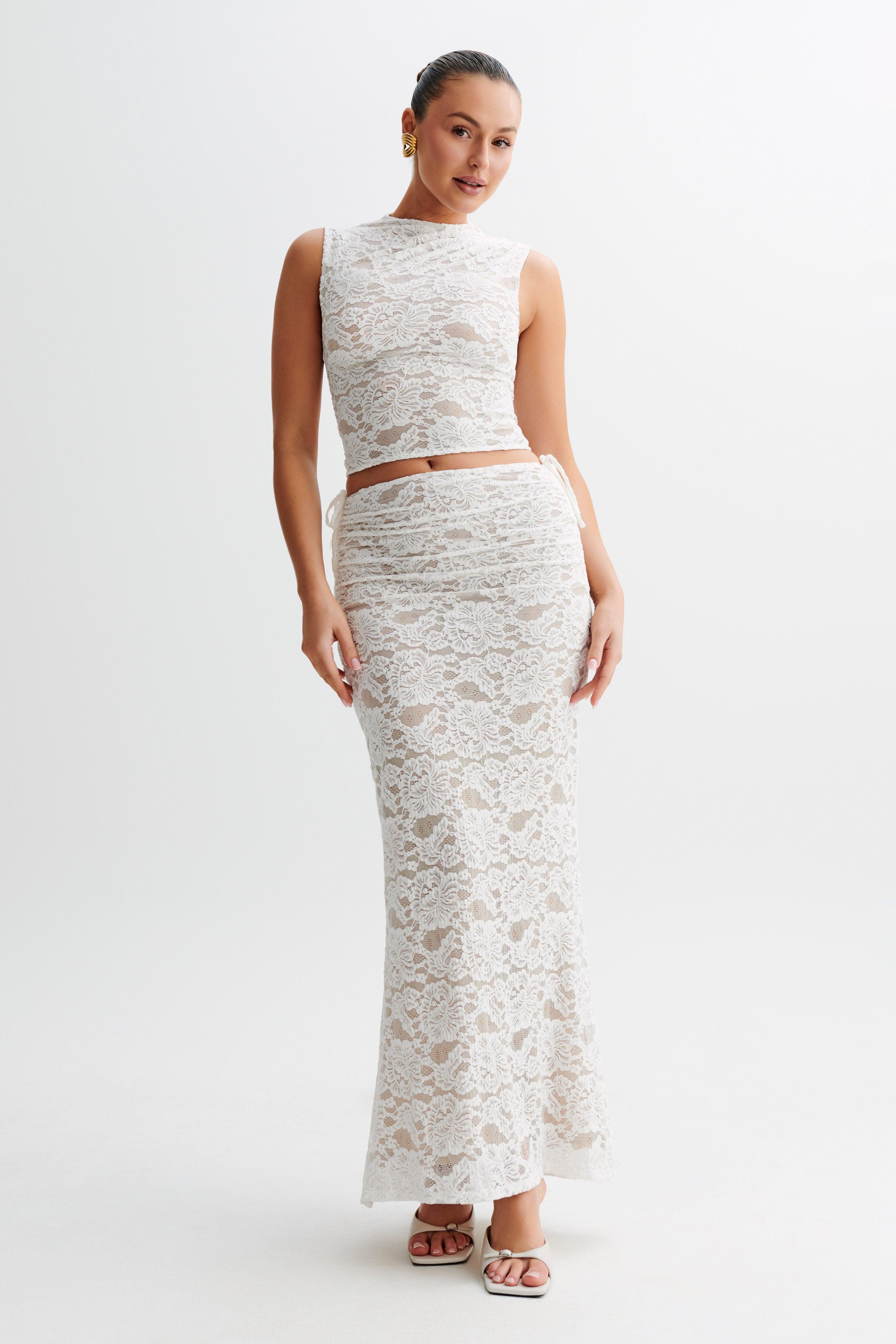 Daniela Lace Plisse Ruched Maxi Skirt - Ivory Product Image