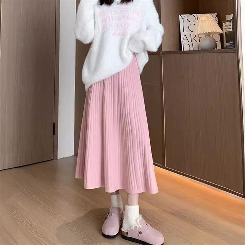 High Waist Plain Ribbed Knit Midi A-Line Skirt Product Image