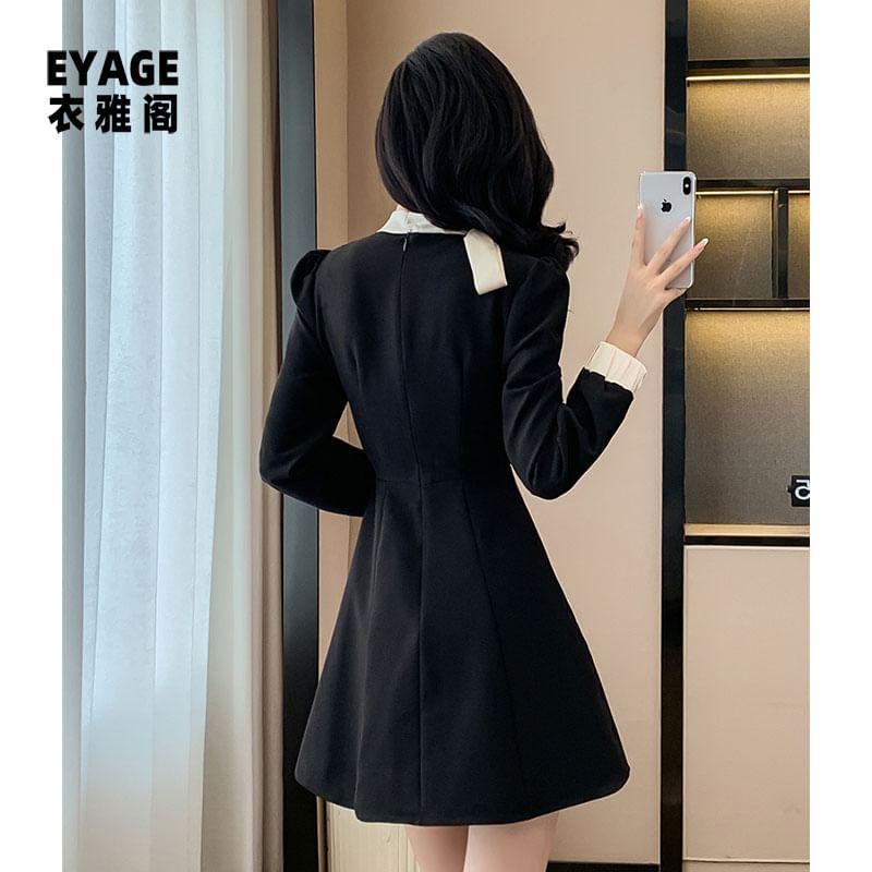 Long-Sleeve Plain Contrast Trim Bow Mini A-Line Dress Product Image