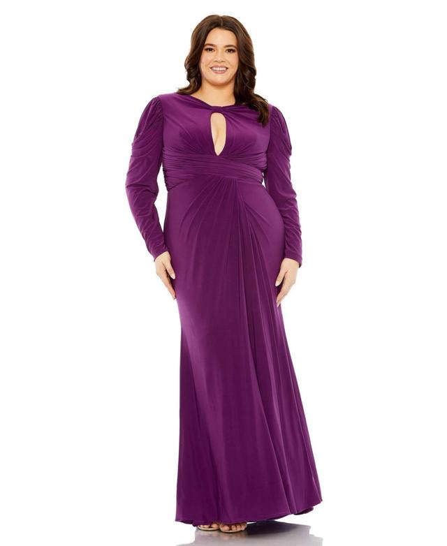 Mac Duggal Womens Plus Size Long Sleeve Keyhole Neck Jersey Gown Product Image