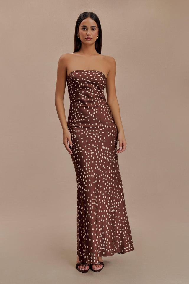 Claudette Strapless Satin Maxi Dress - Brown Polka Dot Print Product Image