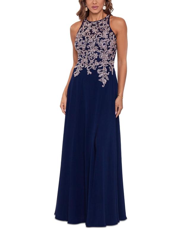 Betsy  Adam Beaded Embroidery Chiffon Halter Neck Keyhole Back Detail Sleeveless Gown Product Image