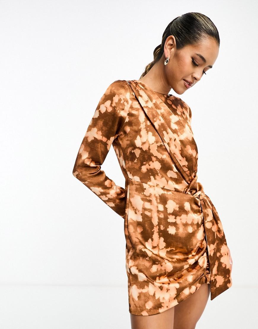 MANGO Tie Dye Long Sleeve Satin Faux Wrap Dress Product Image